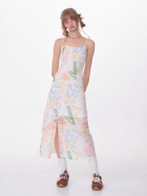American Vintage Graffiti Print Maxi Dress - Slimming Slip Dress with High Slit & All-Over Artistic Design