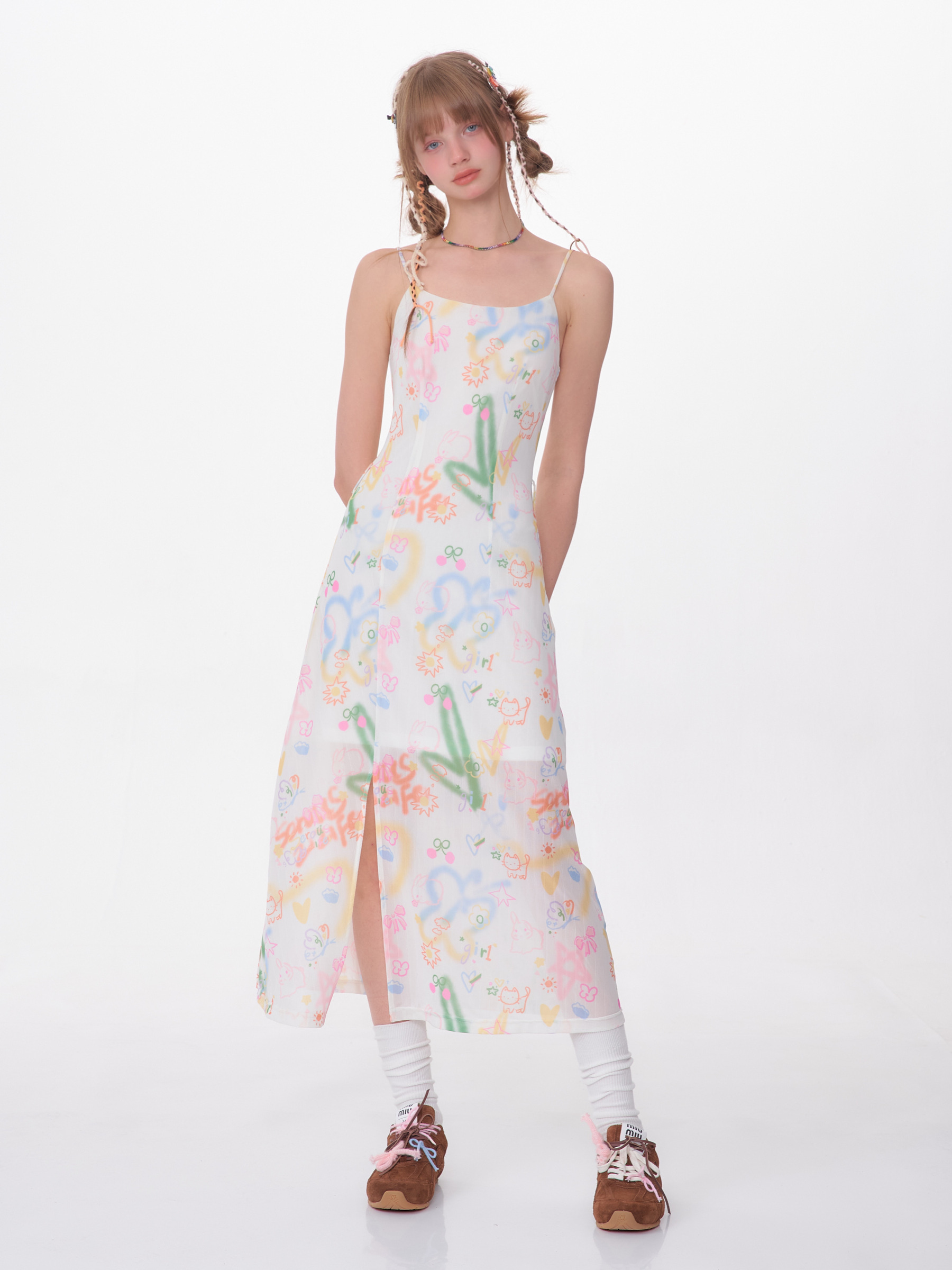 American Vintage Graffiti Print Maxi Dress - Slimming Slip Dress with High Slit & All-Over Artistic Design