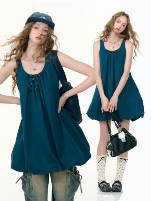 American Vintage Sapphire Blue Bloom Dress - Bow Detail Tube Top Dress with Apron-inspired Design