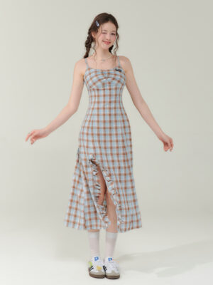 Vintage Blue-Brown Grid Maxi Dress - Bodycon Slit Long Dress with Tailored Waist