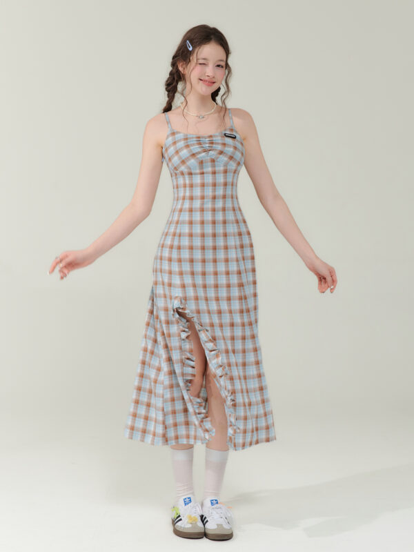 Vintage Blue-Brown Grid Maxi Dress - Bodycon Slit Long Dress with Tailored Waist
