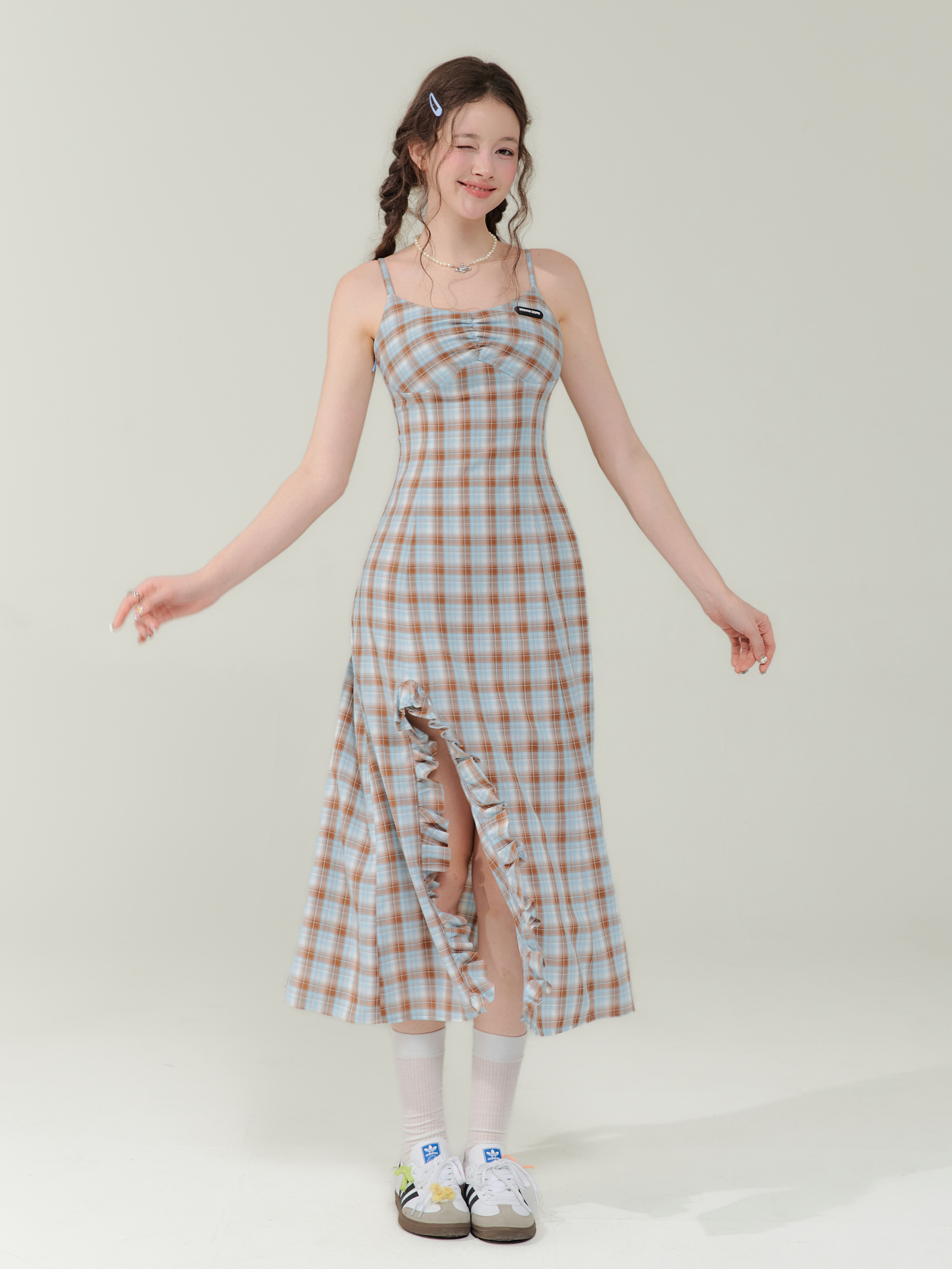 Vintage Blue-Brown Grid Maxi Dress - Bodycon Slit Long Dress with Tailored Waist