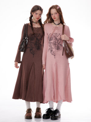 Winter Rose Print Knit Dress - Heavyweight Wool Blend Long Sleeve Bodycon Midi Dress