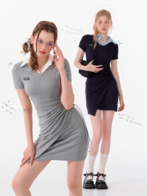 American Style False Two-Piece Dress - Polo Collar Short Sleeve Dress with Drawstring Waist & Smocking Details