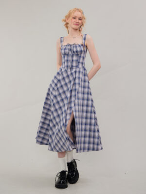 American Vintage Square Neck Dress - Blue Grid Print Bodycon Slit Maxi Dress with Tailored Waist