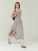 Vintage Blue-Brown Grid Maxi Dress - Bodycon Slit Long Dress with Tailored Waist