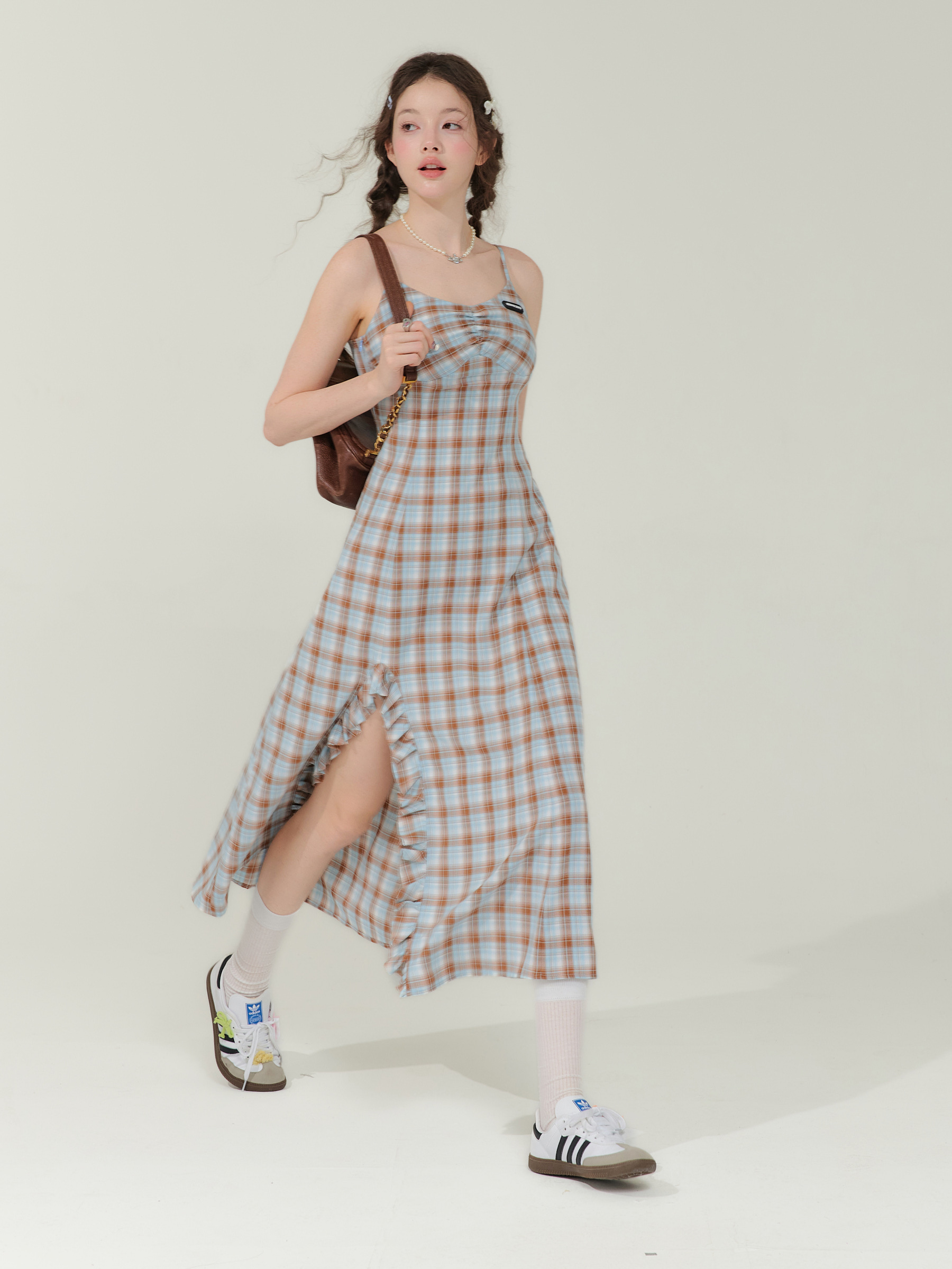 Vintage Blue-Brown Grid Maxi Dress - Bodycon Slit Long Dress with Tailored Waist - Image 2