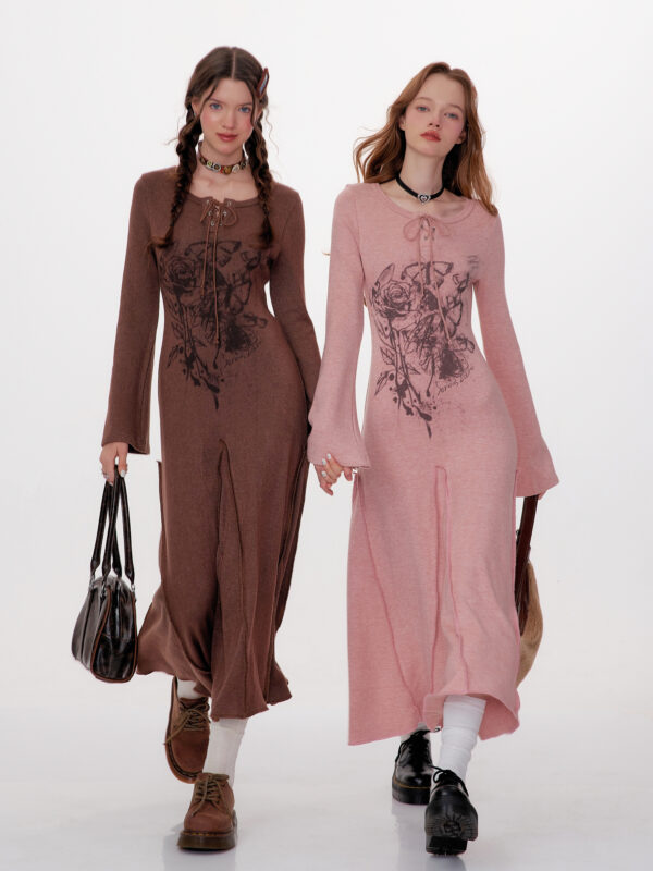 Winter Rose Print Knit Dress - Heavyweight Wool Blend Long Sleeve Bodycon Midi Dress - Image 2