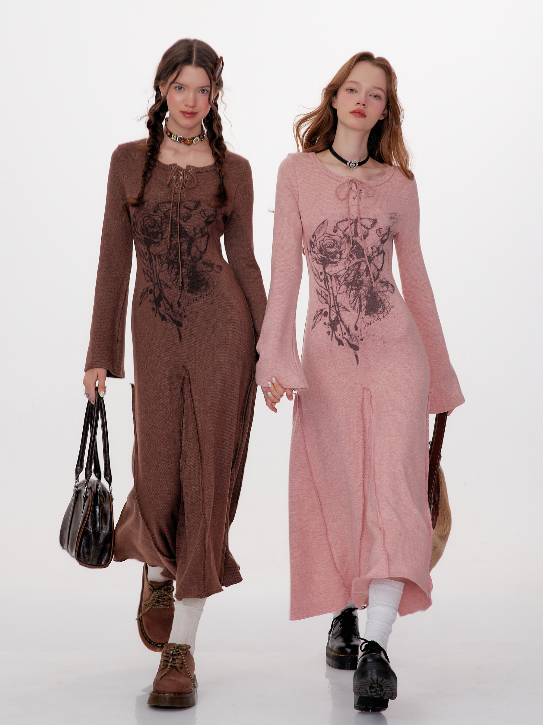 Winter Rose Print Knit Dress - Heavyweight Wool Blend Long Sleeve Bodycon Midi Dress - Image 2