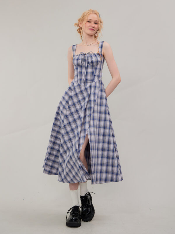 American Vintage Square Neck Dress - Blue Grid Print Bodycon Slit Maxi Dress with Tailored Waist