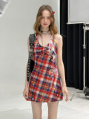 American Vintage Halter Neck Dress - Red & Blue Plaid Print Slim Fit Sundress with Defined Waist