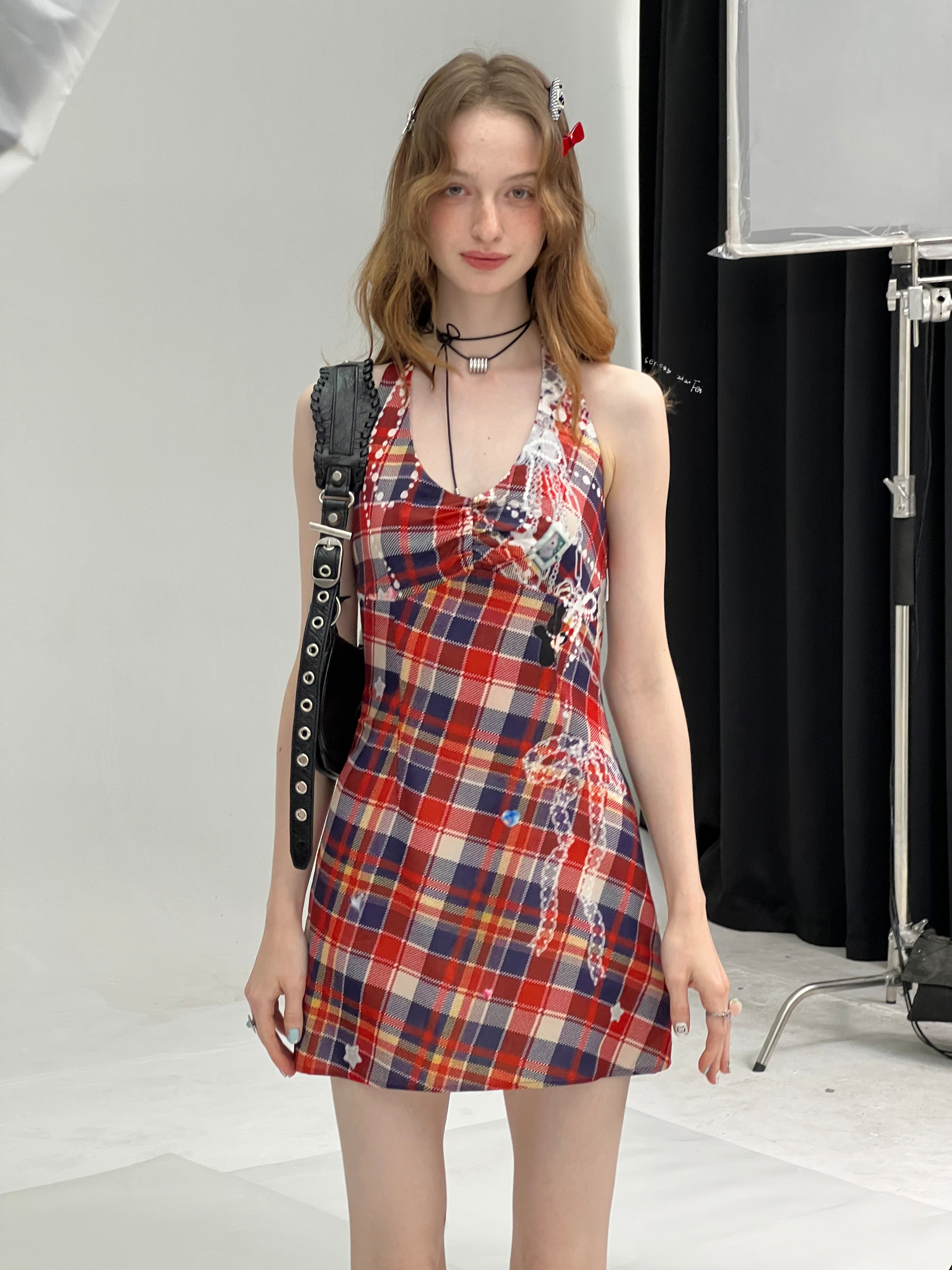 American Vintage Halter Neck Dress - Red & Blue Plaid Print Slim Fit Sundress with Defined Waist - Image 8