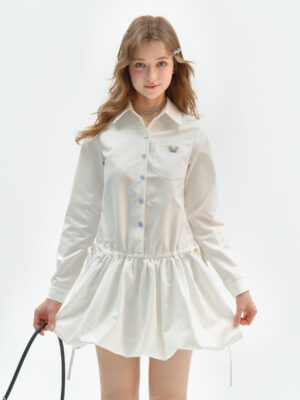 American Vintage Polo Bloom Dress - White Preppy Figure-Flattering Long Sleeve Dress with Tailored Waist