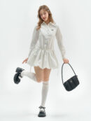 American Vintage Polo Bloom Dress - White Preppy Figure-Flattering Long Sleeve Dress with Tailored Waist