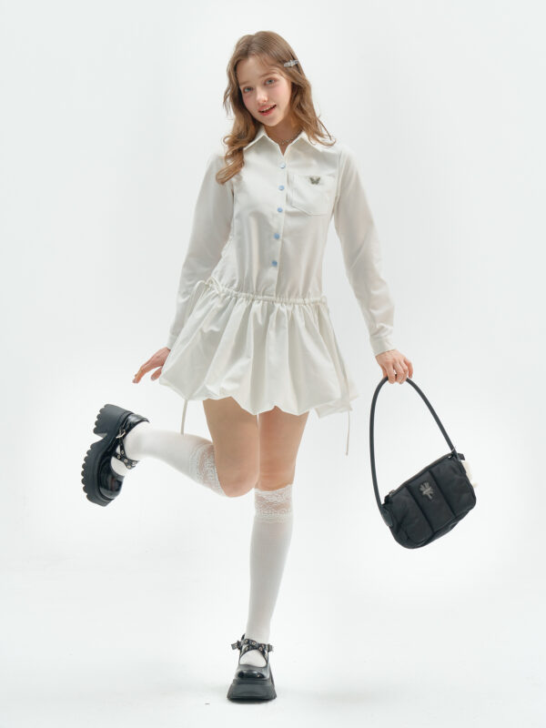American Vintage Polo Bloom Dress - White Preppy Figure-Flattering Long Sleeve Dress with Tailored Waist - Image 2