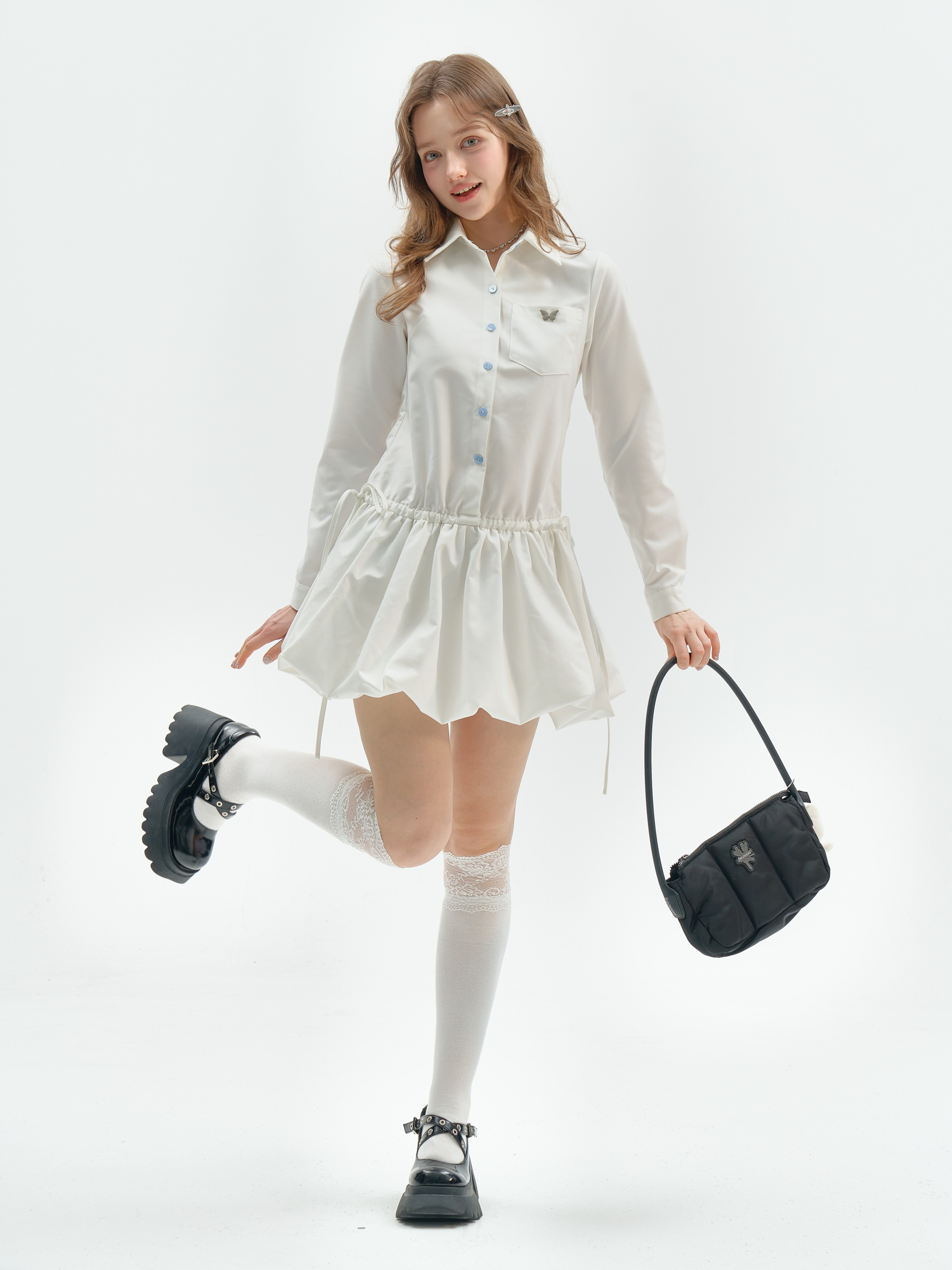 American Vintage Polo Bloom Dress - White Preppy Figure-Flattering Long Sleeve Dress with Tailored Waist - Image 2