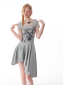 American Style Butterfly Print Dress - Defined Waist Short Sleeve Dress with Asymmetric Pleated Hem