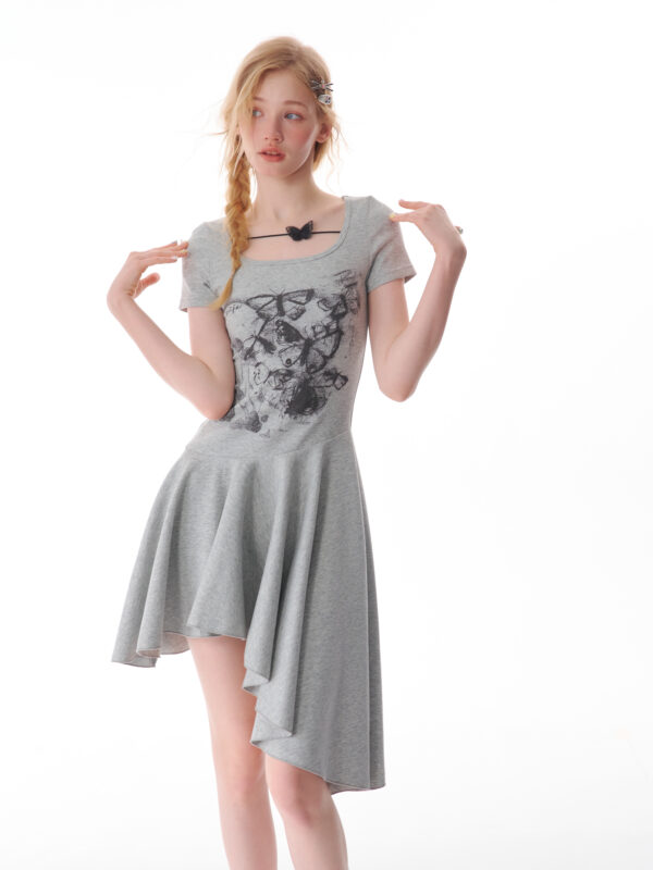 American Style Butterfly Print Dress - Defined Waist Short Sleeve Dress with Asymmetric Pleated Hem