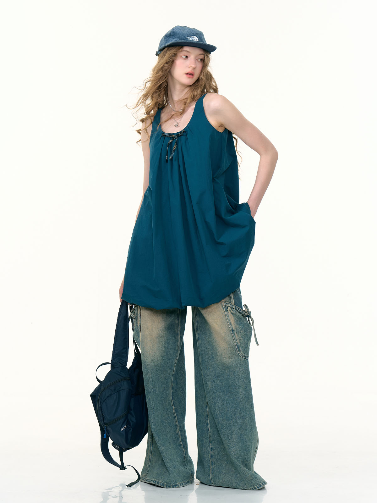 American Vintage Sapphire Blue Bloom Dress - Bow Detail Tube Top Dress with Apron-inspired Design - Image 2