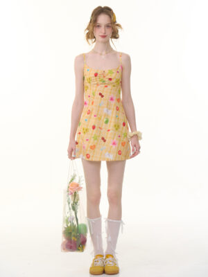 American Vintage Yellow Fruit Print Dress - Slimming Slip Dress with Defined Waist & Tropical Pattern