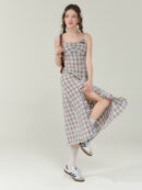 Vintage Blue-Brown Grid Maxi Dress - Bodycon Slit Long Dress with Tailored Waist