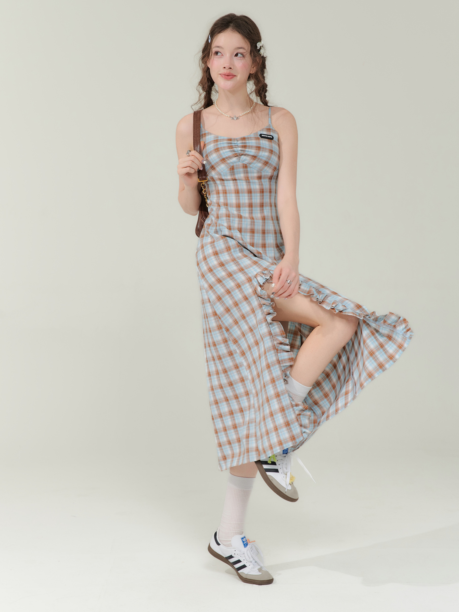 Vintage Blue-Brown Grid Maxi Dress - Bodycon Slit Long Dress with Tailored Waist - Image 3