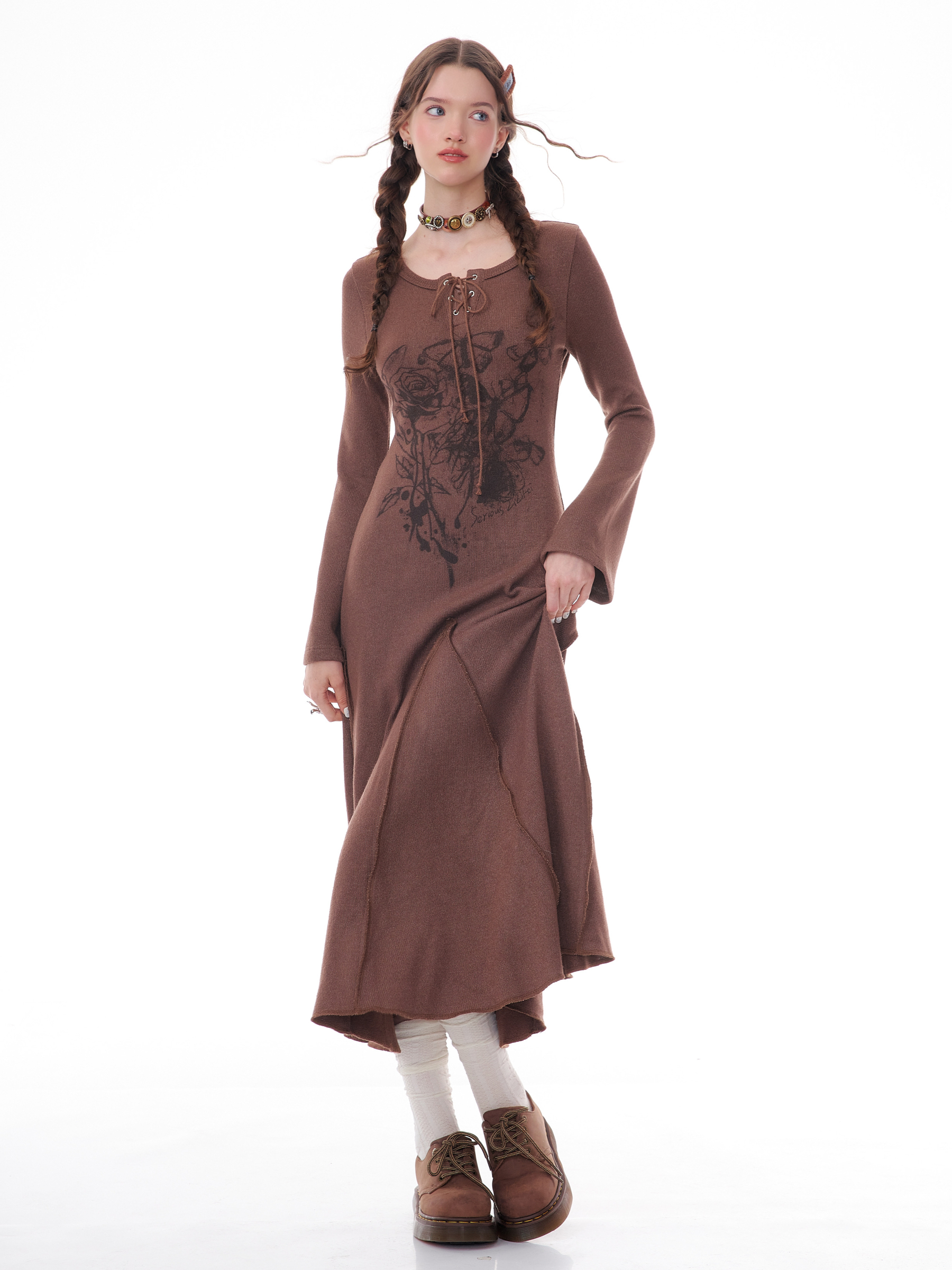 Winter Rose Print Knit Dress - Heavyweight Wool Blend Long Sleeve Bodycon Midi Dress - Image 3