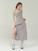 Vintage Blue-Brown Grid Maxi Dress - Bodycon Slit Long Dress with Tailored Waist
