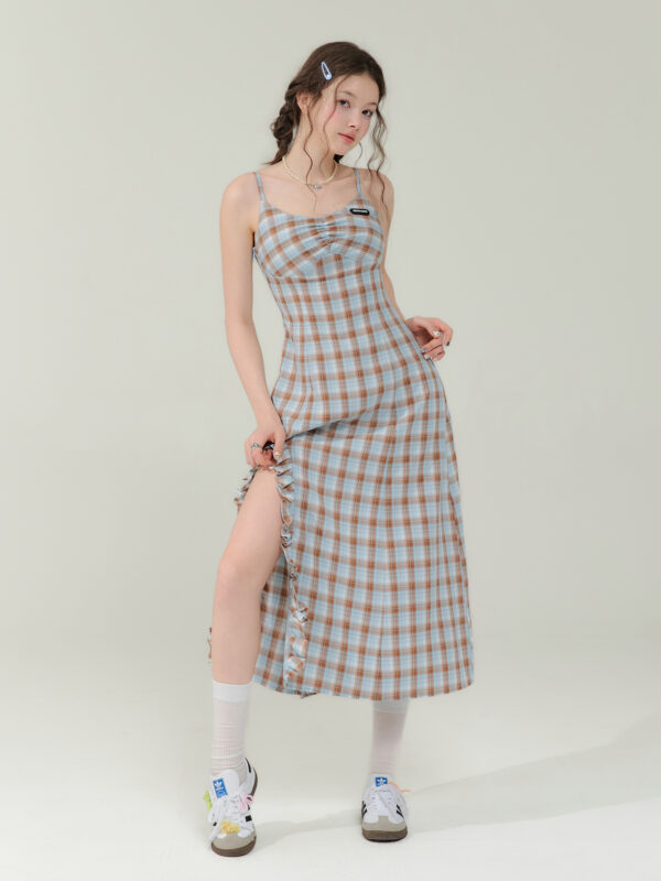 Vintage Blue-Brown Grid Maxi Dress - Bodycon Slit Long Dress with Tailored Waist - Image 4