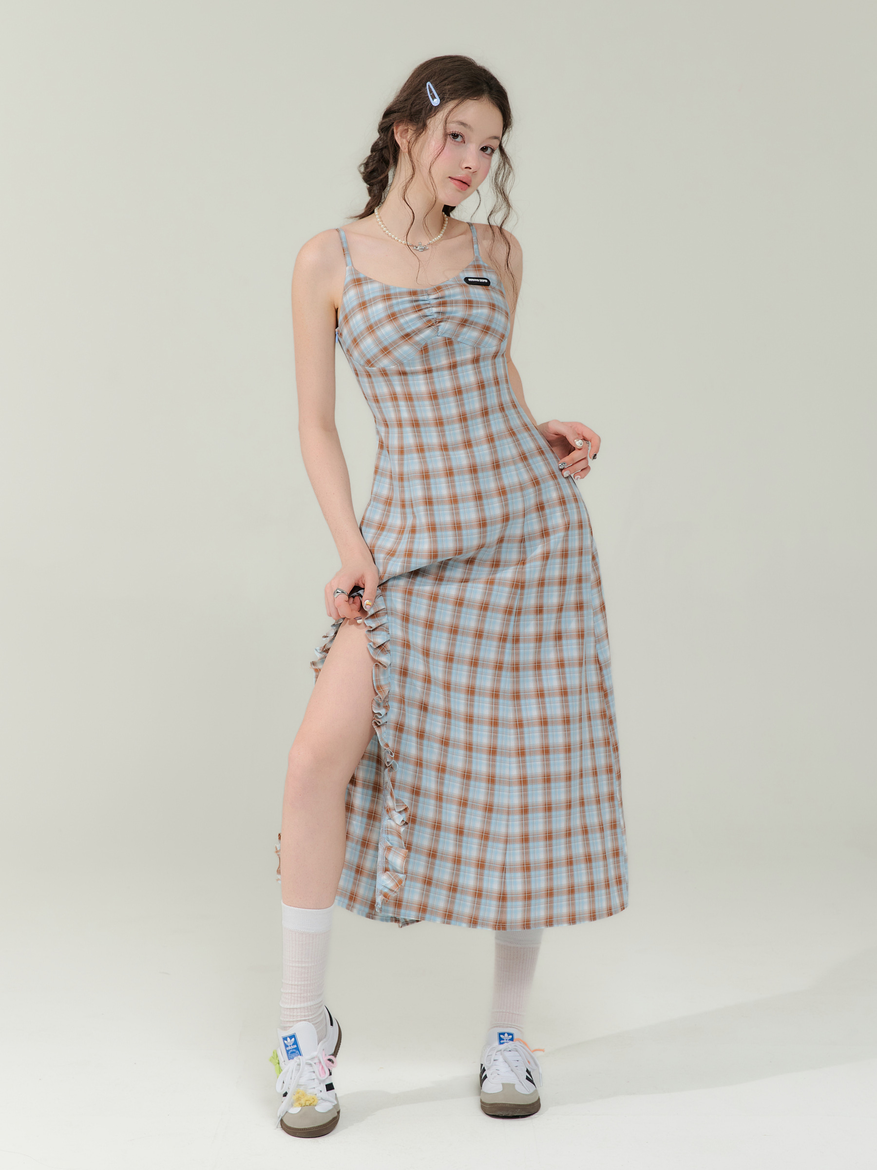 Vintage Blue-Brown Grid Maxi Dress - Bodycon Slit Long Dress with Tailored Waist - Image 4