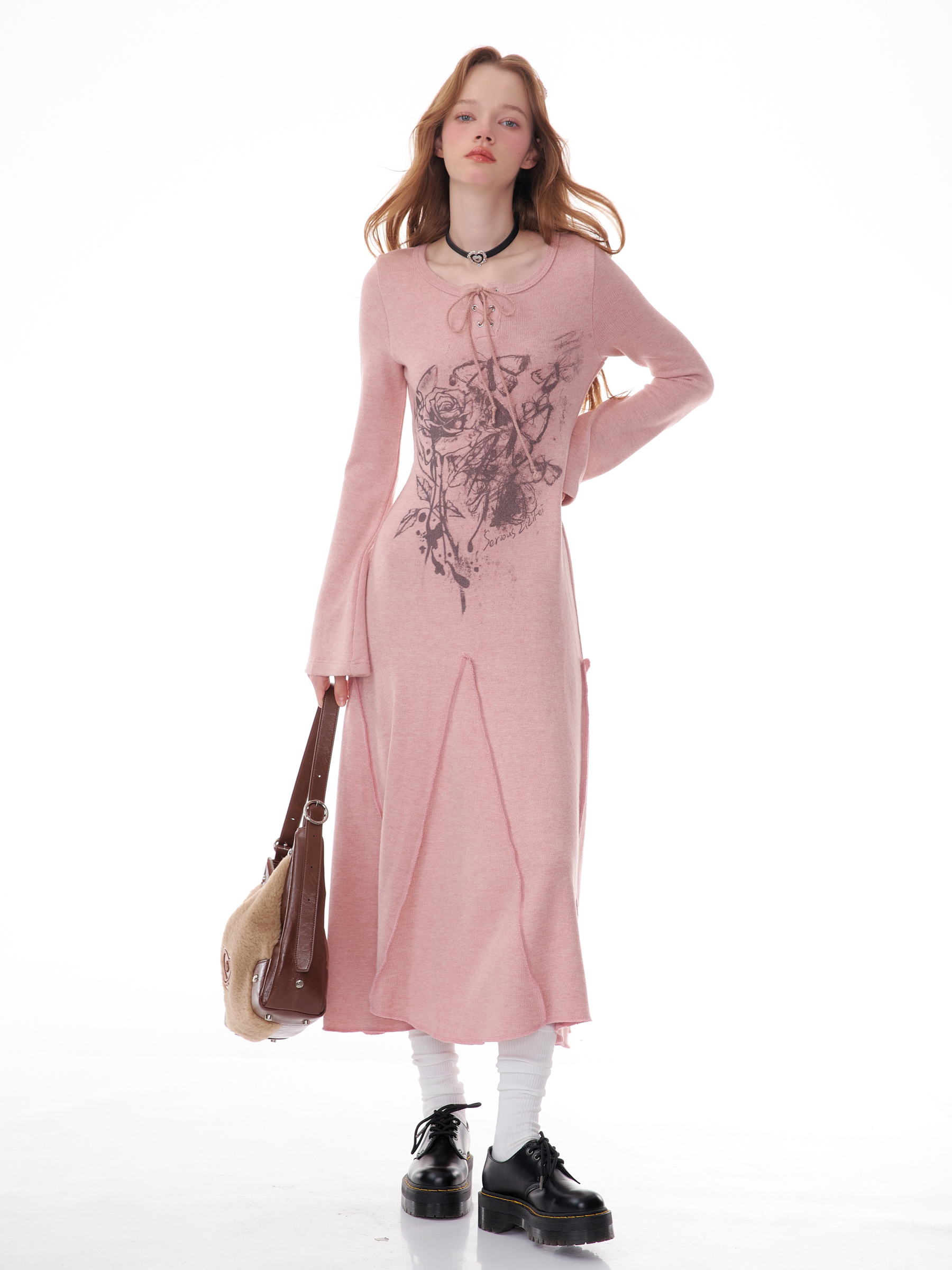 Winter Rose Print Knit Dress - Heavyweight Wool Blend Long Sleeve Bodycon Midi Dress - Image 4