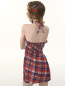 American Vintage Halter Neck Dress - Red & Blue Plaid Print Slim Fit Sundress with Defined Waist