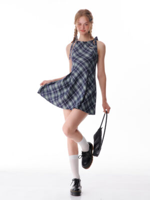 American Vintage Plaid Dress - Summer Blue Grid Slip Maxi Dress with Slimming Tailored Waist