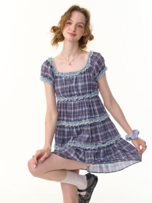 American Vintage Lavender Grid Dress - Square Neck Tiered Cake Dress with Puff Sleeves