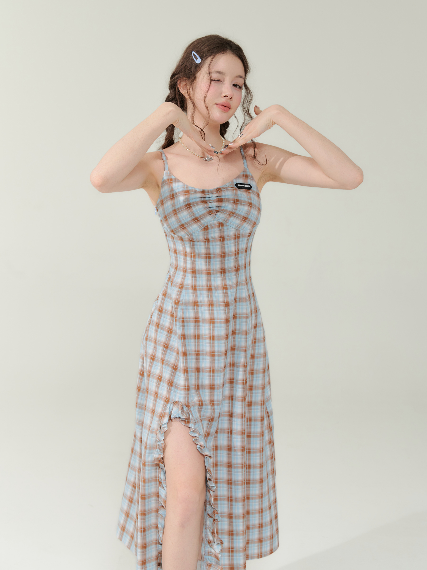 Vintage Blue-Brown Grid Maxi Dress - Bodycon Slit Long Dress with Tailored Waist - Image 5