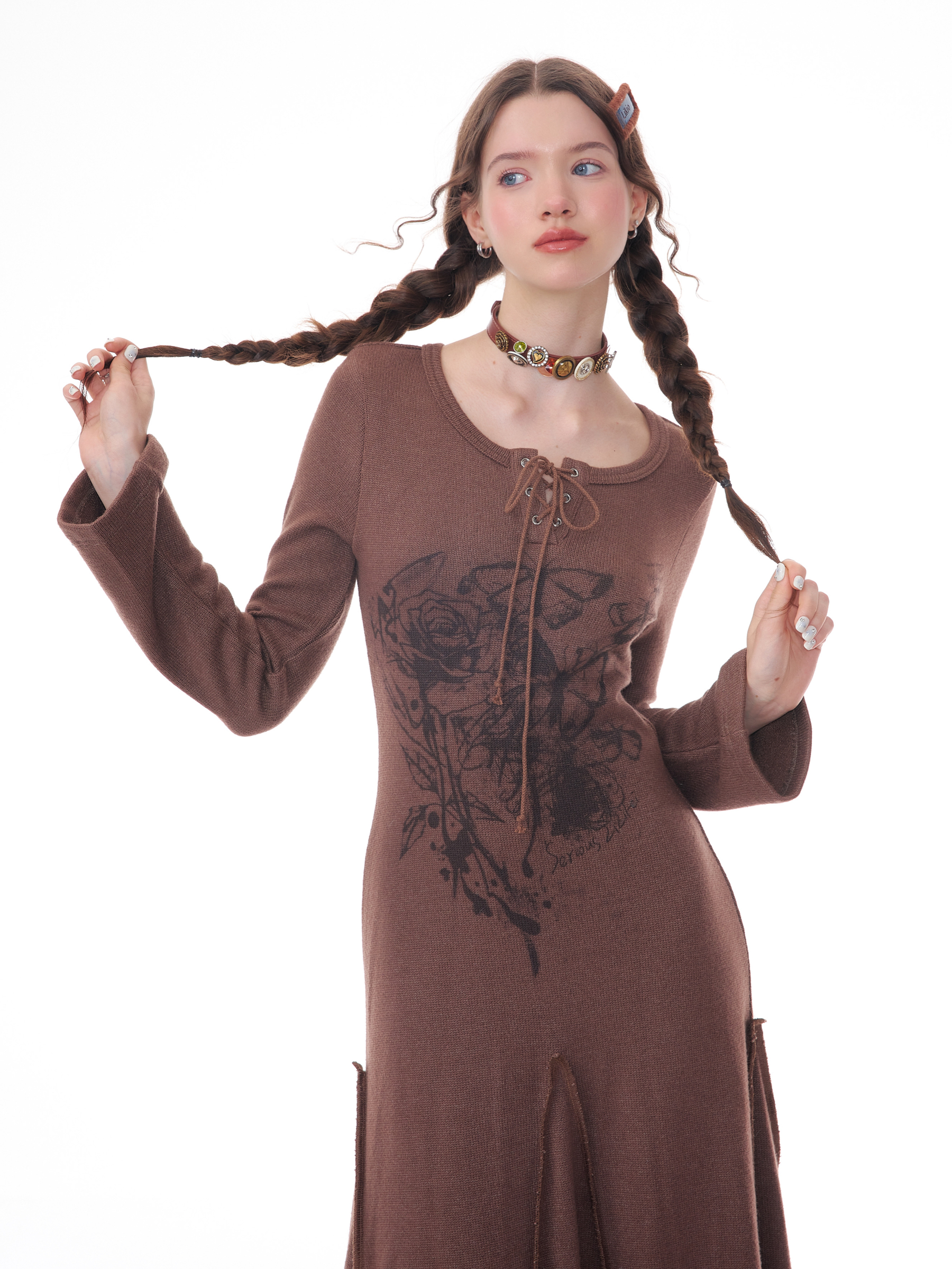 Winter Rose Print Knit Dress - Heavyweight Wool Blend Long Sleeve Bodycon Midi Dress - Image 5