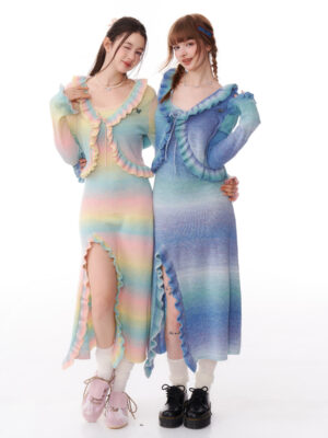 American Vintage Ombre Knit Slip Dress - Color-Block Sleeveless Maxi Dress with High Slit & Bodycon Fit