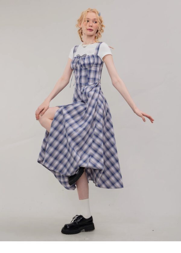 American Vintage Square Neck Dress - Blue Grid Print Bodycon Slit Maxi Dress with Tailored Waist - Image 2