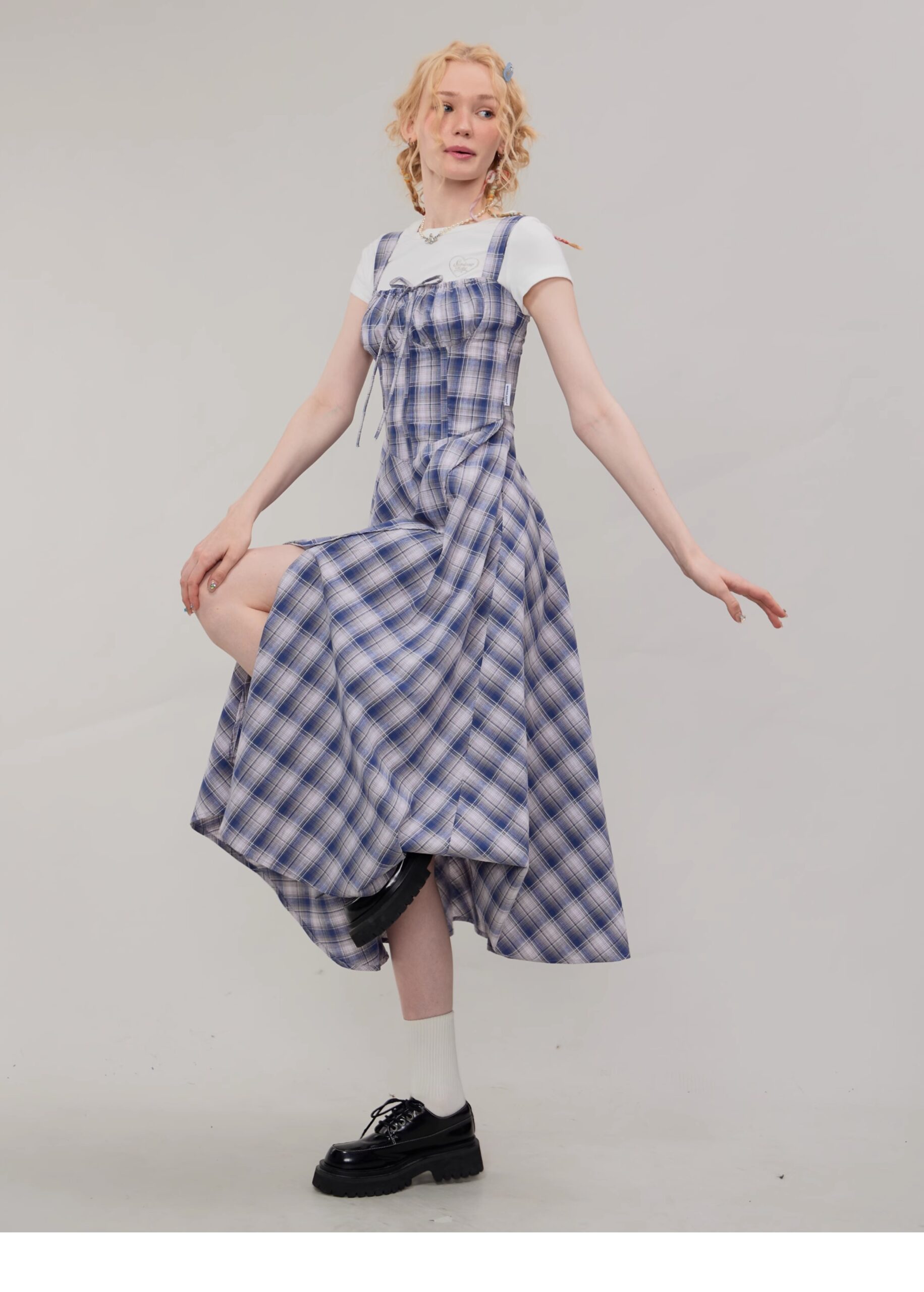 American Vintage Square Neck Dress - Blue Grid Print Bodycon Slit Maxi Dress with Tailored Waist - Image 2