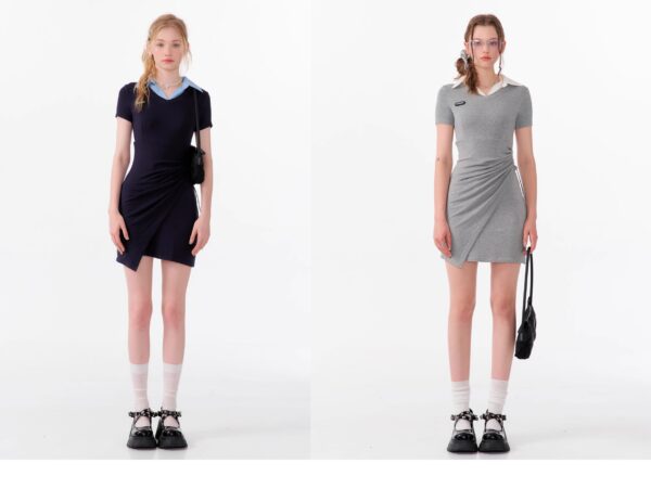 American Style False Two-Piece Dress - Polo Collar Short Sleeve Dress with Drawstring Waist & Smocking Details - Image 2