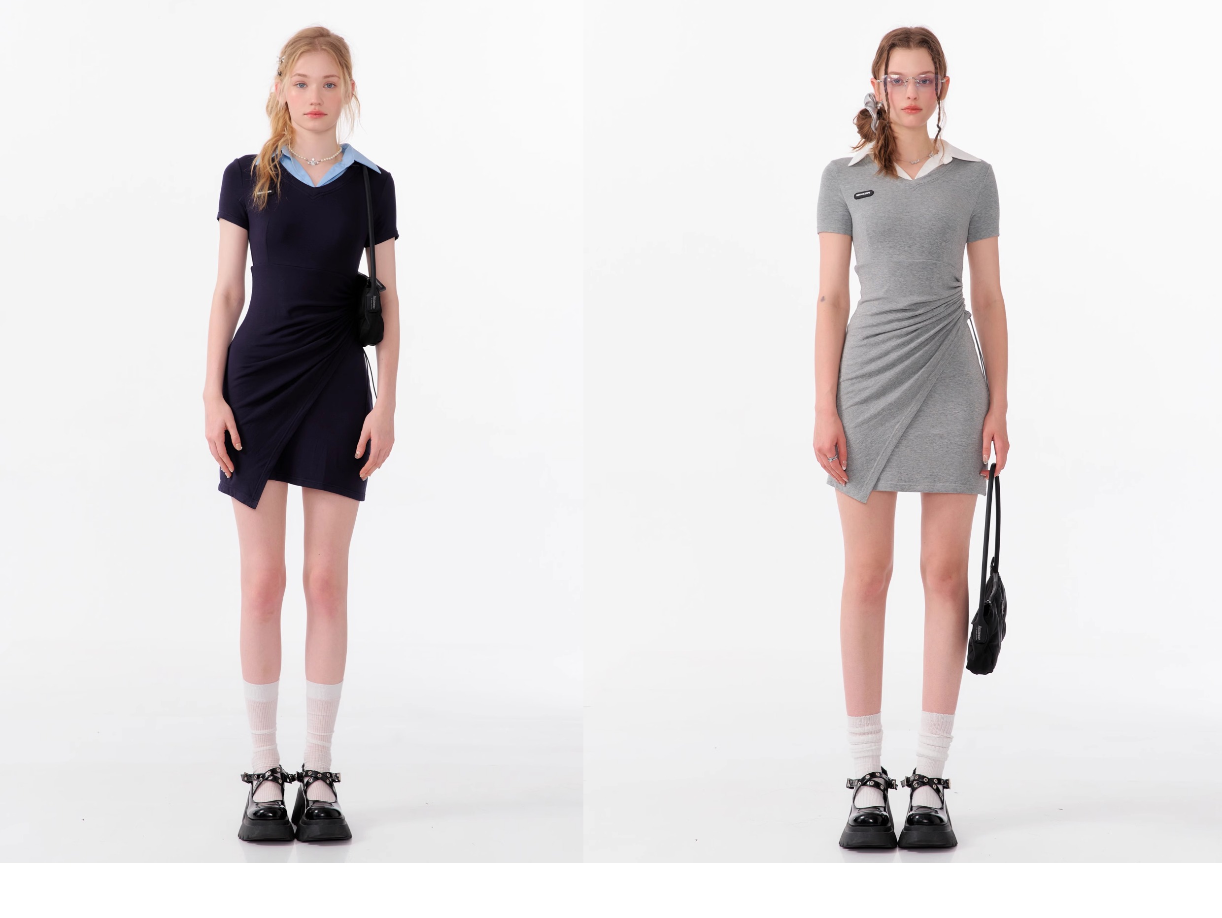American Style False Two-Piece Dress - Polo Collar Short Sleeve Dress with Drawstring Waist & Smocking Details - Image 2