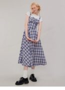 American Vintage Square Neck Dress - Blue Grid Print Bodycon Slit Maxi Dress with Tailored Waist
