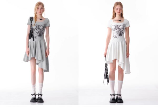 American Style Butterfly Print Dress - Defined Waist Short Sleeve Dress with Asymmetric Pleated Hem - Image 2