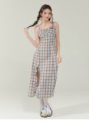 Vintage Blue-Brown Grid Maxi Dress - Bodycon Slit Long Dress with Tailored Waist