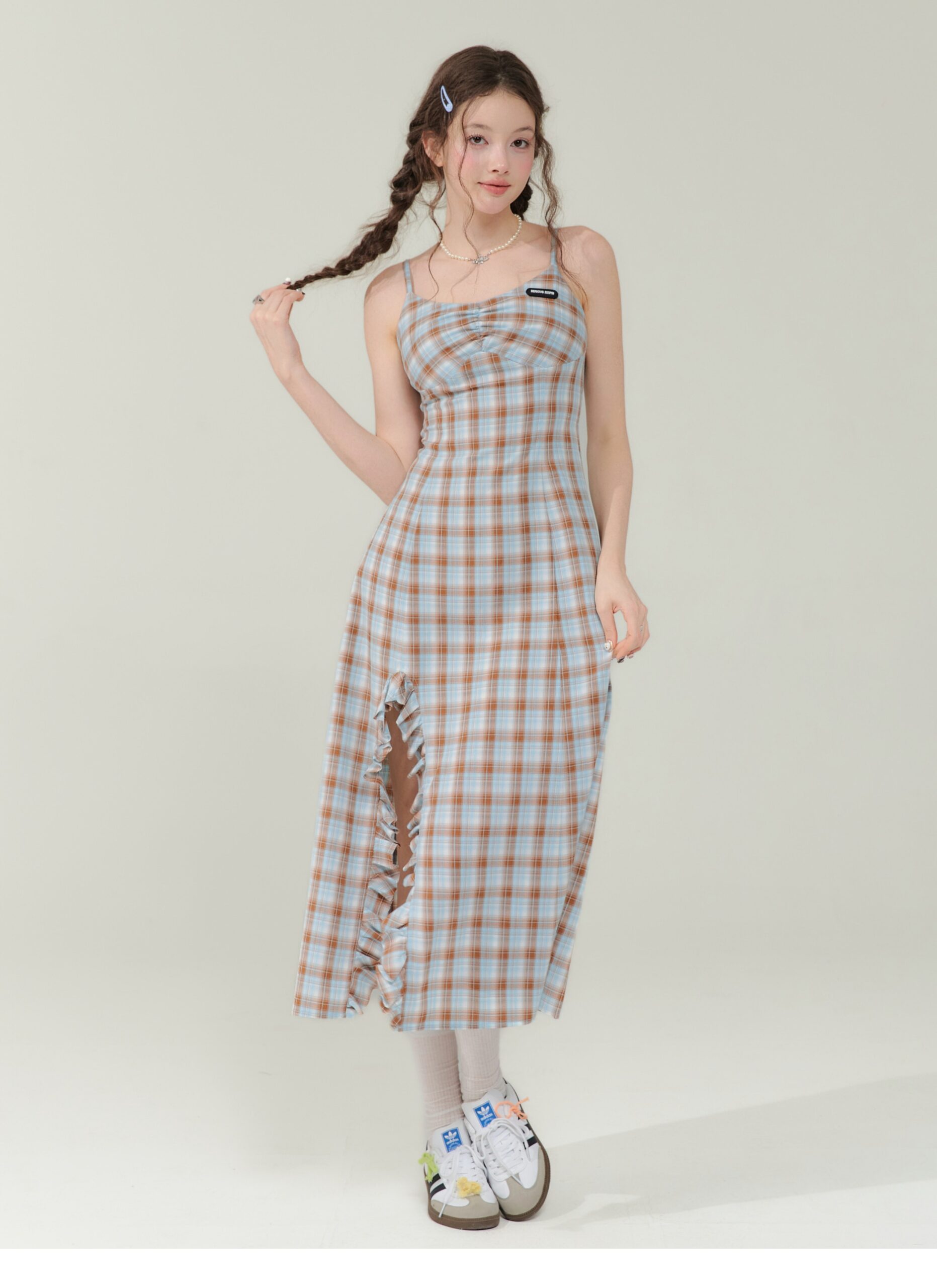 Vintage Blue-Brown Grid Maxi Dress - Bodycon Slit Long Dress with Tailored Waist - Image 6