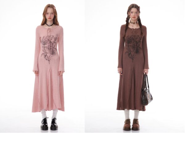 Winter Rose Print Knit Dress - Heavyweight Wool Blend Long Sleeve Bodycon Midi Dress - Image 14