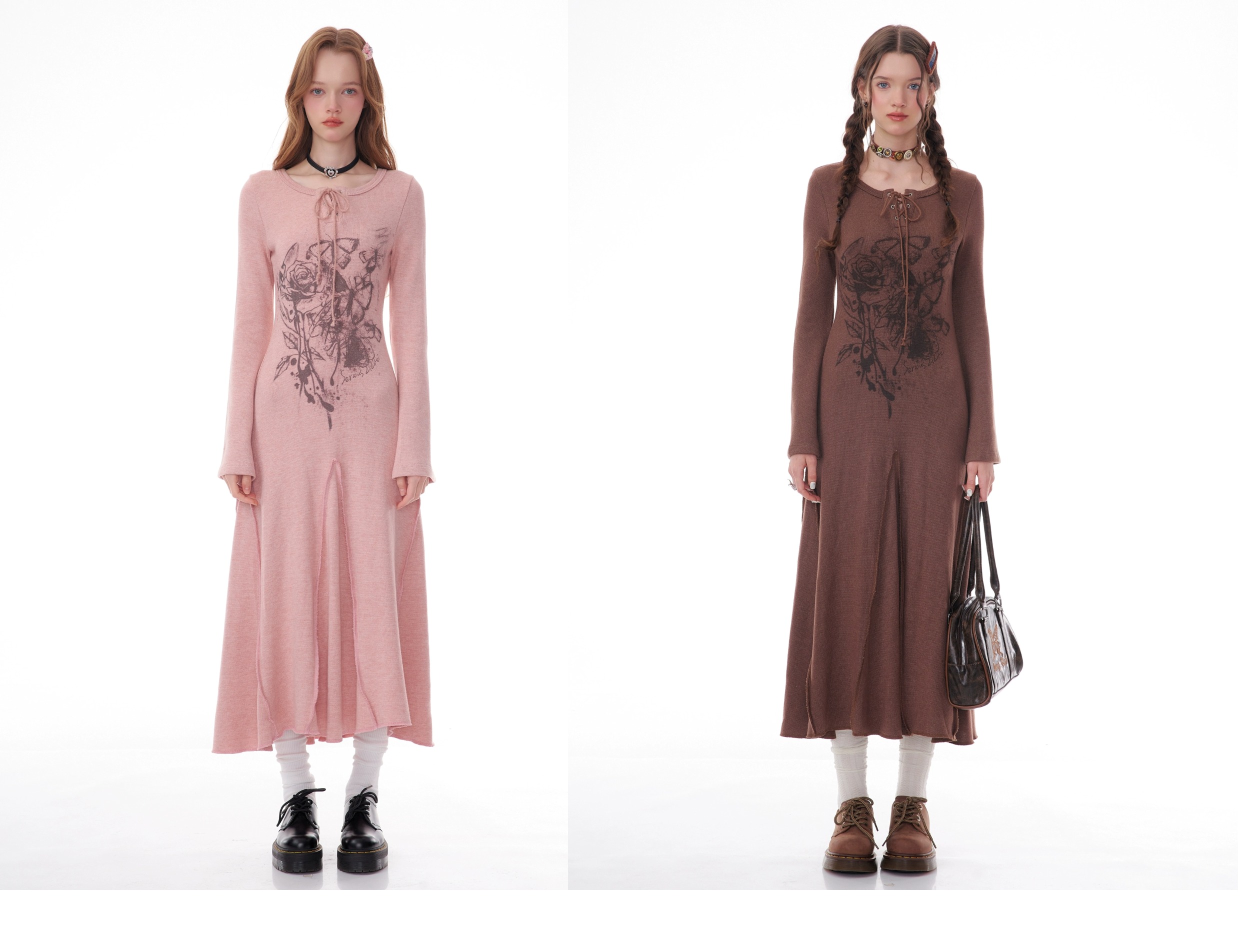 Winter Rose Print Knit Dress - Heavyweight Wool Blend Long Sleeve Bodycon Midi Dress - Image 14