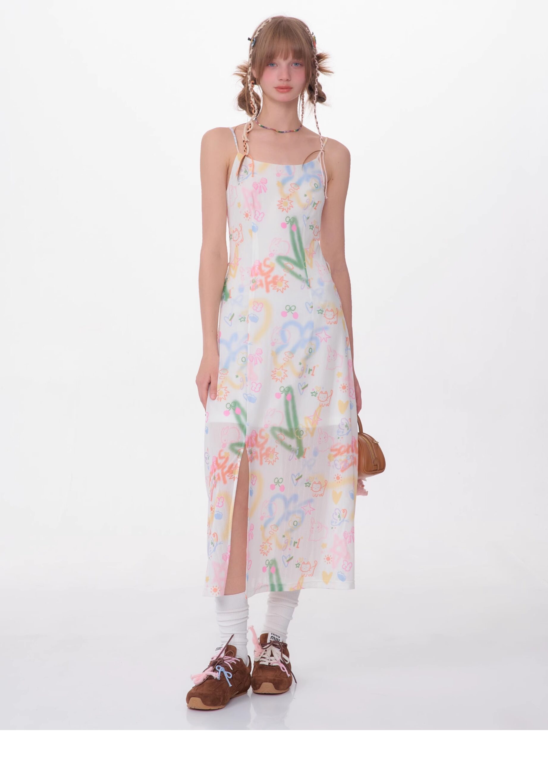 American Vintage Graffiti Print Maxi Dress - Slimming Slip Dress with High Slit & All-Over Artistic Design - Image 9