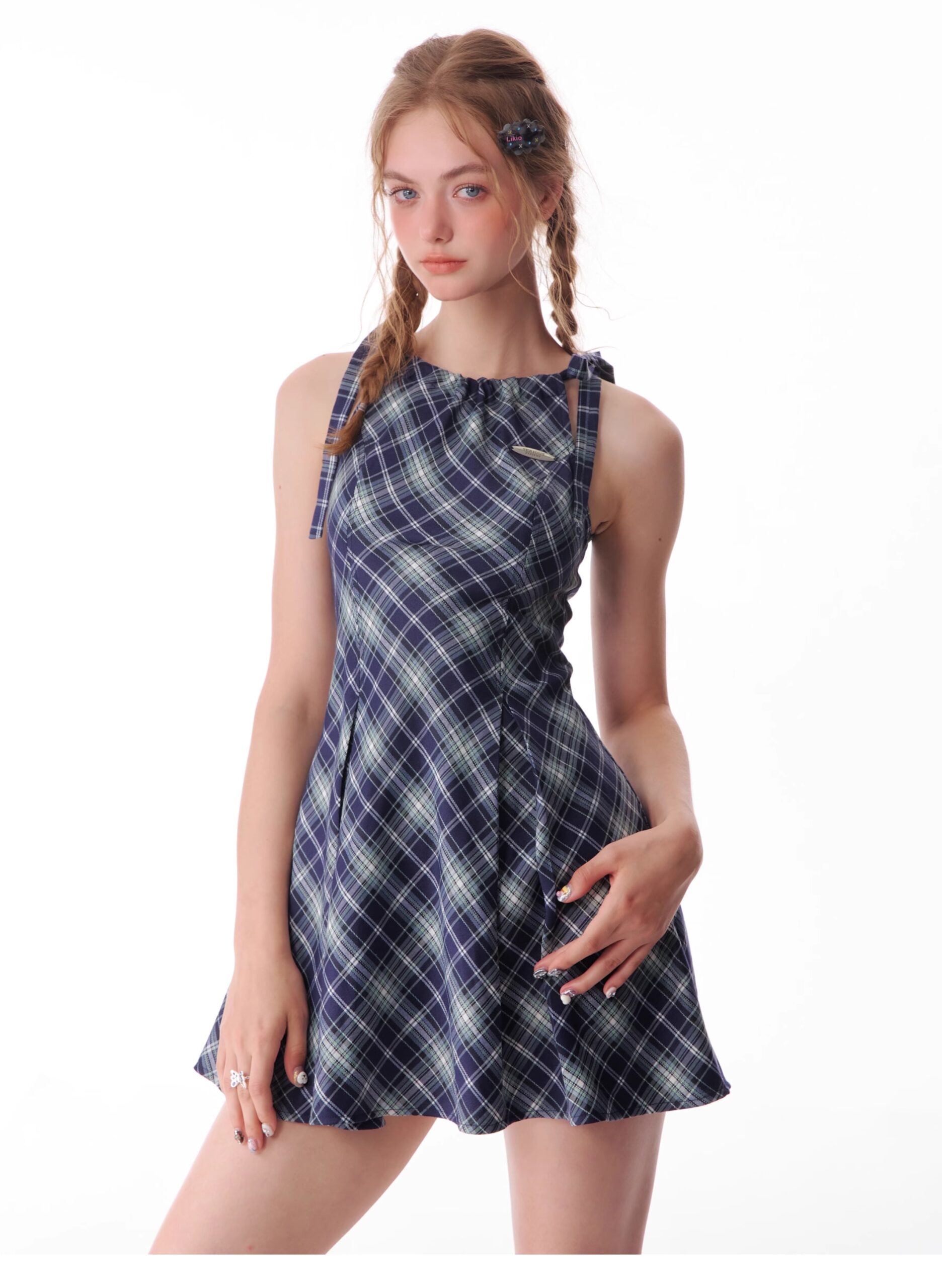 American Vintage Plaid Dress - Summer Blue Grid Slip Maxi Dress with Slimming Tailored Waist - Image 2