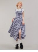 American Vintage Square Neck Dress - Blue Grid Print Bodycon Slit Maxi Dress with Tailored Waist